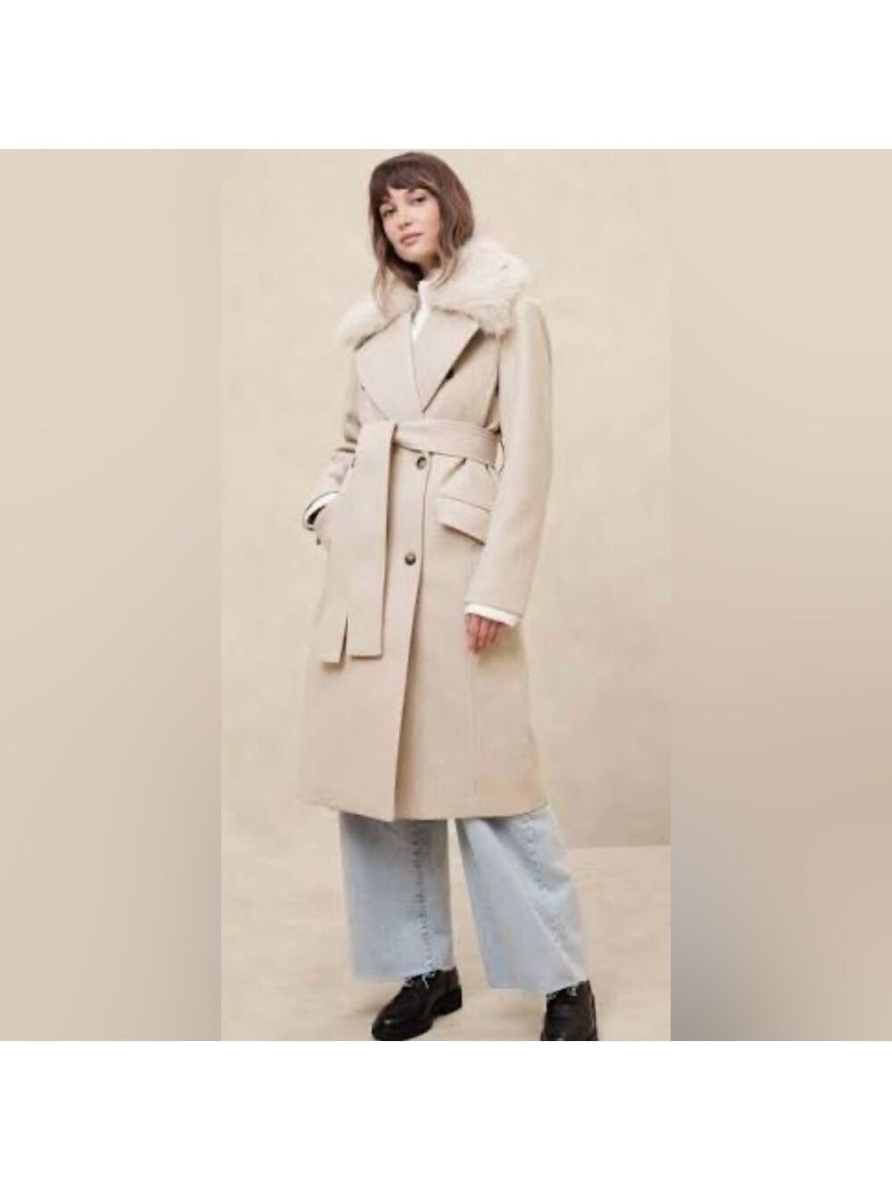 Banana Republic Faux Fur Tie Waist Double-Breasted Trench Coat Quiet Luxury NEW